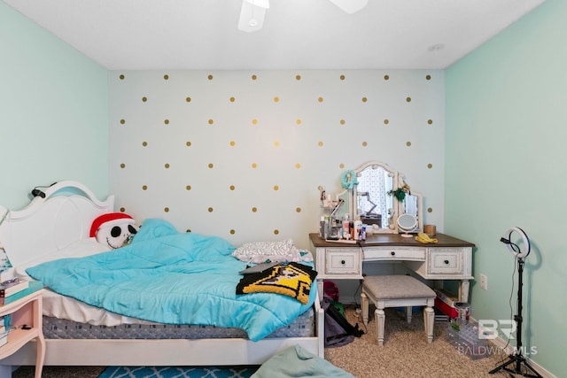 carpeted bedroom with ceiling fan