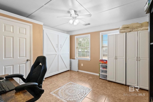 office space featuring ceiling fan, ornamental molding, and light tile patterned flooring