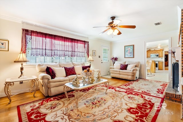 living room with light hardwood / wood-style flooring, plenty of natural light, and ceiling fan