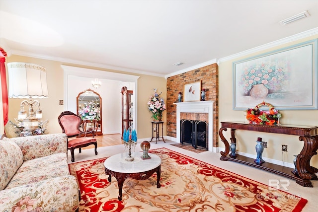 living room featuring a fireplace, ornamental molding, and a notable chandelier