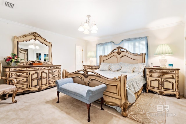 bedroom with ornamental molding, light carpet, and an inviting chandelier