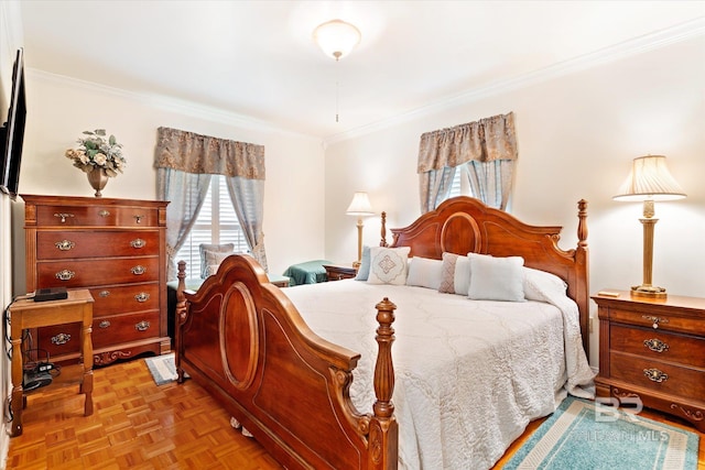 bedroom featuring light parquet floors and ornamental molding