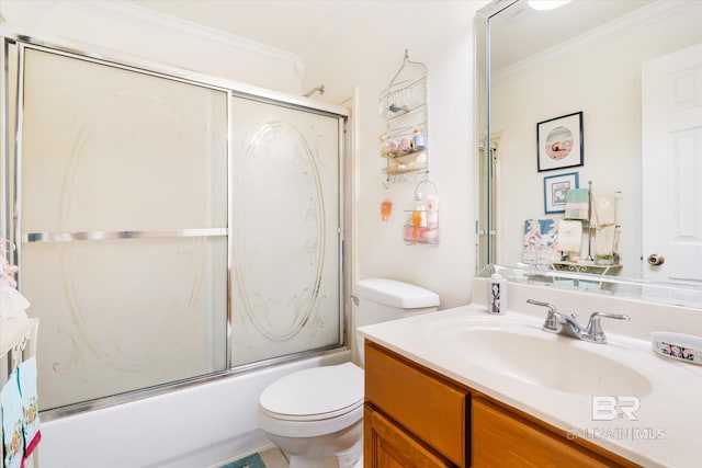 full bathroom with shower / bath combination with glass door, vanity, toilet, and crown molding