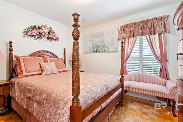 bedroom with crown molding and light parquet floors