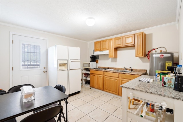 kitchen with white appliances, sink, ornamental molding, a textured ceiling, and water heater