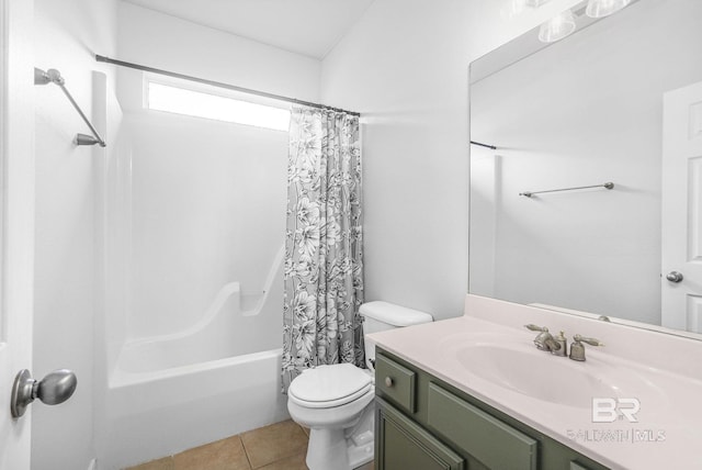 bathroom featuring vanity, shower / bath combination with curtain, toilet, and tile patterned floors