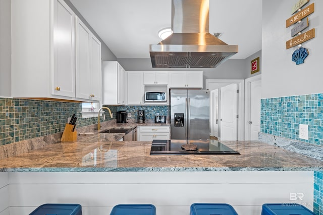 kitchen with stone countertops, island exhaust hood, stainless steel appliances, and a sink