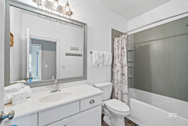 full bathroom with shower / bath combo with shower curtain, toilet, and vanity