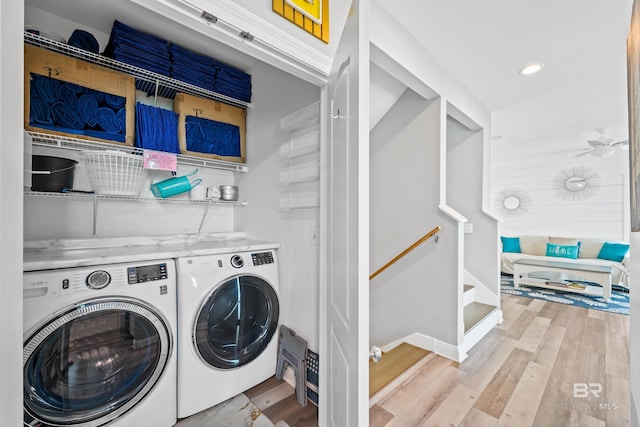 laundry area with ceiling fan, recessed lighting, wood finished floors, and washing machine and clothes dryer