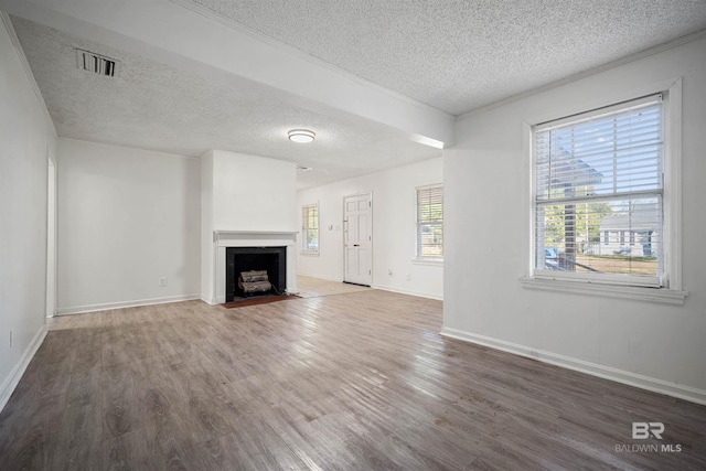 unfurnished living room featuring a textured ceiling, wood-type flooring, and a wealth of natural light