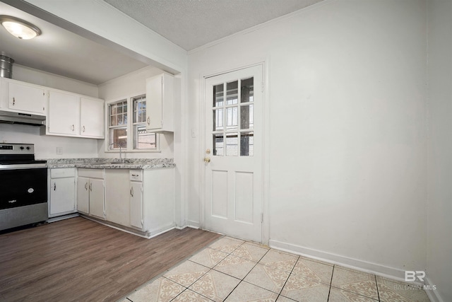 kitchen with light hardwood / wood-style floors, white cabinetry, sink, and stainless steel electric range oven