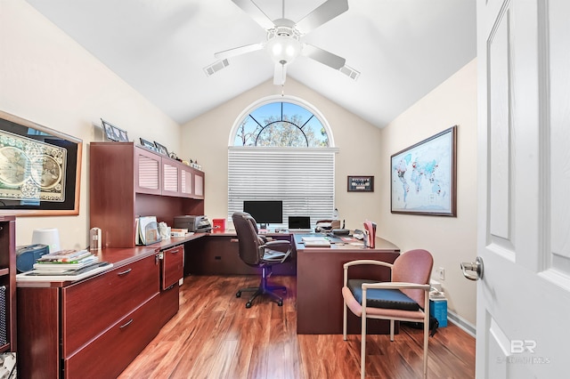 office area with light hardwood / wood-style floors, vaulted ceiling, and ceiling fan