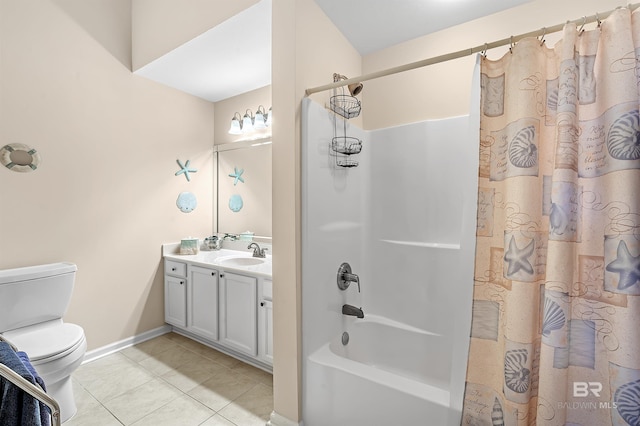 full bathroom featuring toilet, shower / tub combo, vanity, and tile patterned floors