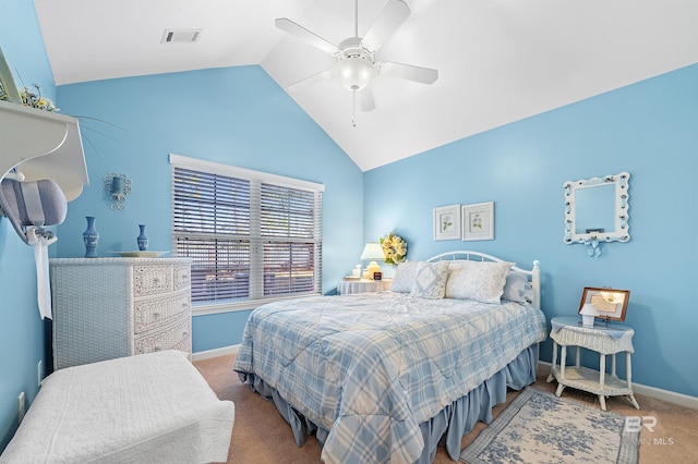 carpeted bedroom featuring ceiling fan and lofted ceiling