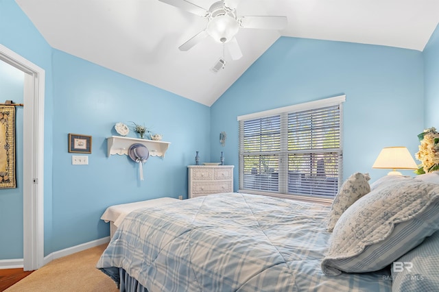 bedroom featuring ceiling fan and lofted ceiling