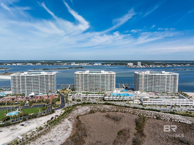 bird's eye view featuring a water view and a city view