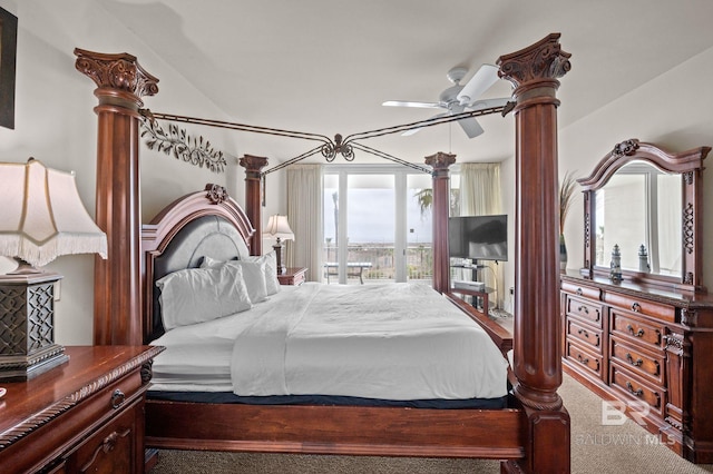 carpeted bedroom with access to outside and ceiling fan