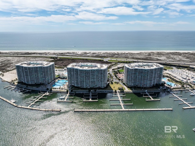 aerial view featuring a water view