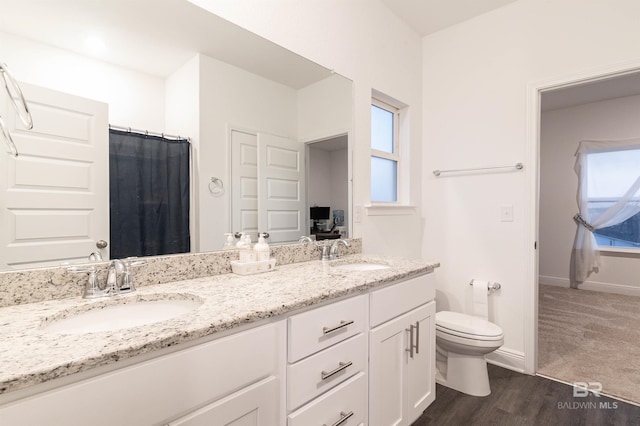 bathroom featuring a shower with curtain, hardwood / wood-style flooring, vanity, and toilet