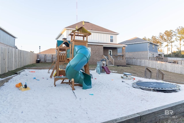 view of play area featuring a trampoline