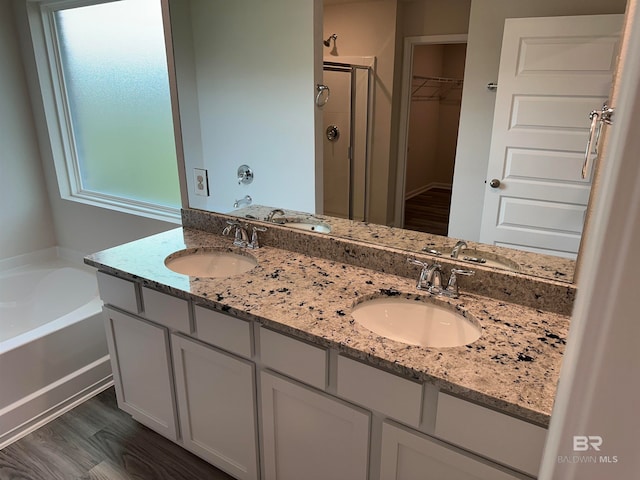 bathroom with vanity, hardwood / wood-style floors, and independent shower and bath