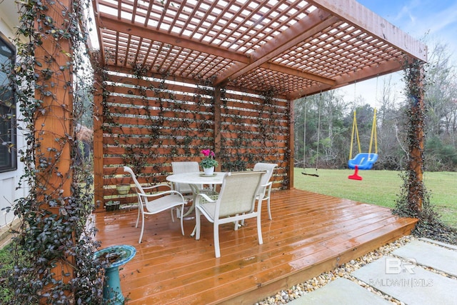 deck with outdoor dining space, a lawn, and a pergola