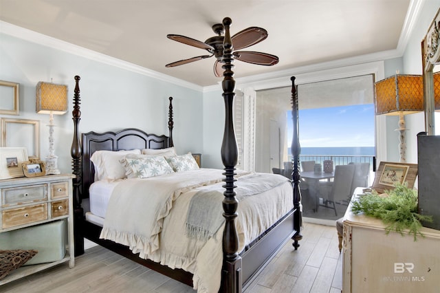 24900 Perdido Beach Blvd Unit 402, Orange Beach, AL 36561 - bedroom featuring a water view, ceiling fan, ornamental molding, and light wood finished floors