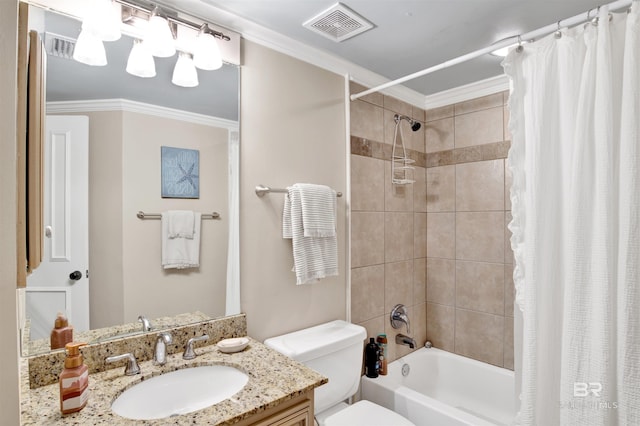 24900 Perdido Beach Blvd Unit 402, Orange Beach, AL 36561 - bathroom with shower / bath combination with curtain, crown molding, visible vents, vanity, and toilet