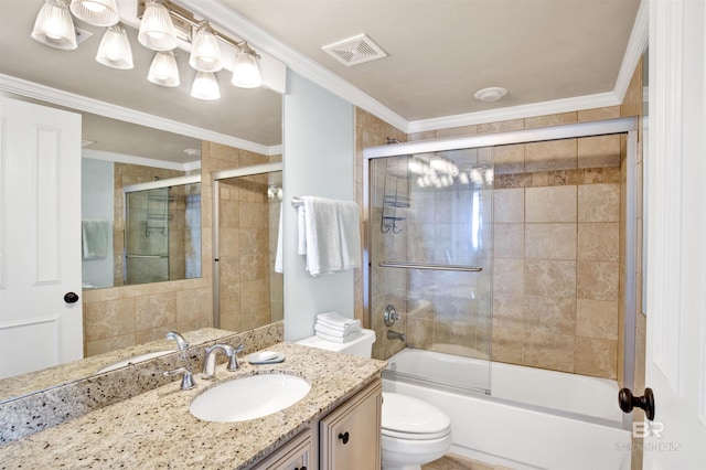 24900 Perdido Beach Blvd Unit 402, Orange Beach, AL 36561 - full bath with visible vents, vanity, toilet, shower / bath combination with glass door, and ornamental molding