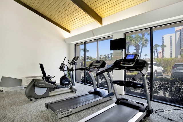 24900 Perdido Beach Blvd Unit 402, Orange Beach, AL 36561 - workout area with wooden ceiling, vaulted ceiling, carpet flooring, and a wealth of natural light