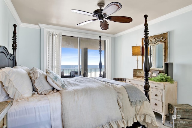 24900 Perdido Beach Blvd Unit 402, Orange Beach, AL 36561 - bedroom with crown molding, a water view, a ceiling fan, and access to exterior