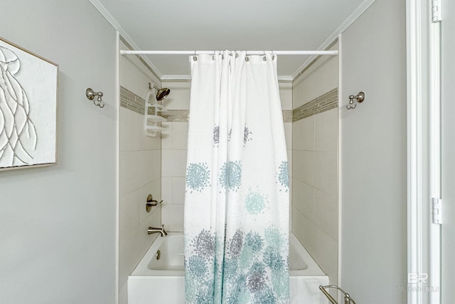 bathroom with shower / bath combo and ornamental molding