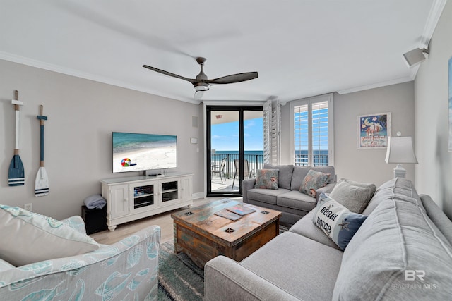 living room with ceiling fan, light hardwood / wood-style floors, and ornamental molding