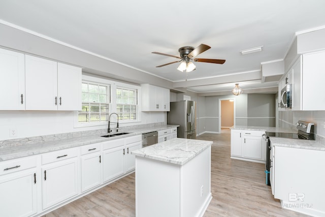 kitchen featuring appliances with stainless steel finishes, white cabinetry, and sink