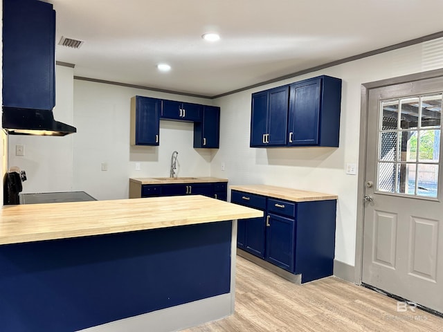 kitchen with sink, wood counters, blue cabinets, crown molding, and light wood-type flooring