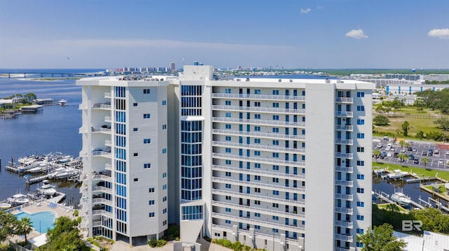 view of building exterior featuring a water view