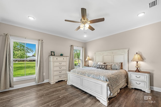 bedroom featuring ceiling fan and dark hardwood / wood-style floors