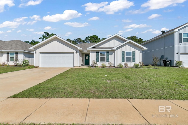 ranch-style home featuring a front yard and a garage