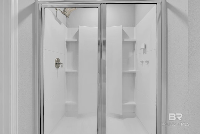 bathroom featuring a shower with shower door