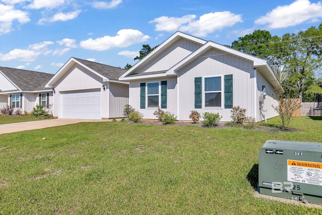 ranch-style home with a front yard and a garage