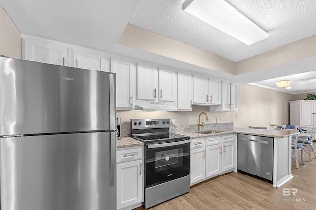 kitchen featuring white cabinets, ventilation hood, stainless steel appliances, and a sink