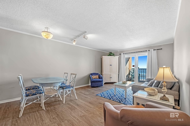 living area featuring wood finished floors, baseboards, rail lighting, and ornamental molding