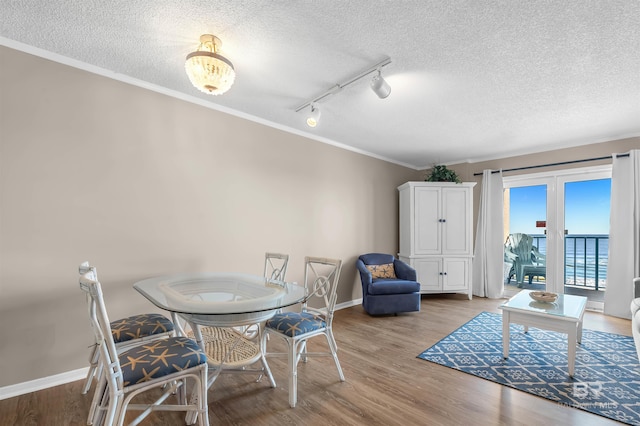 dining space featuring track lighting, baseboards, ornamental molding, and a textured ceiling