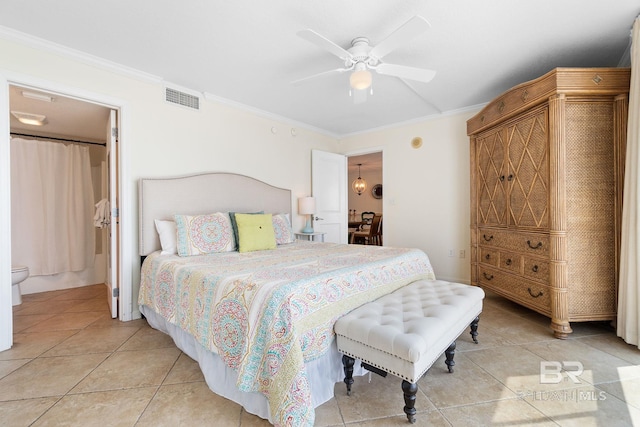 bedroom with ceiling fan, visible vents, crown molding, and light tile patterned floors