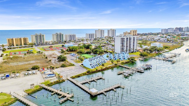 aerial view featuring a water view and a city view