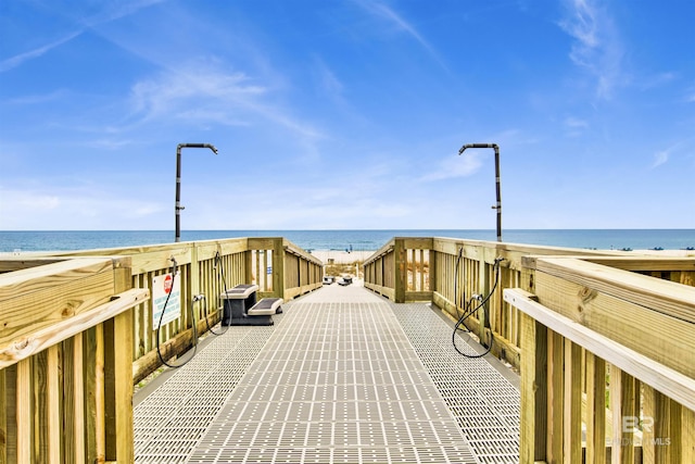 view of community with a water view and a beach view