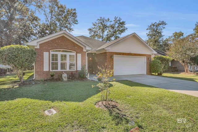 ranch-style home with a front yard and a garage