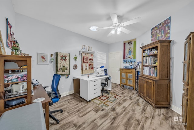 office featuring ceiling fan and light hardwood / wood-style floors