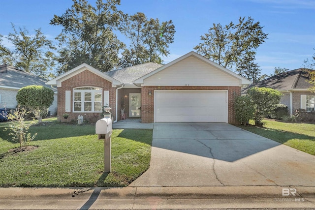 single story home with a garage and a front yard