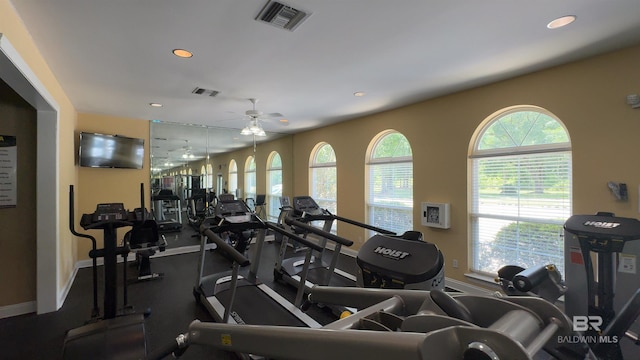 workout area with ceiling fan